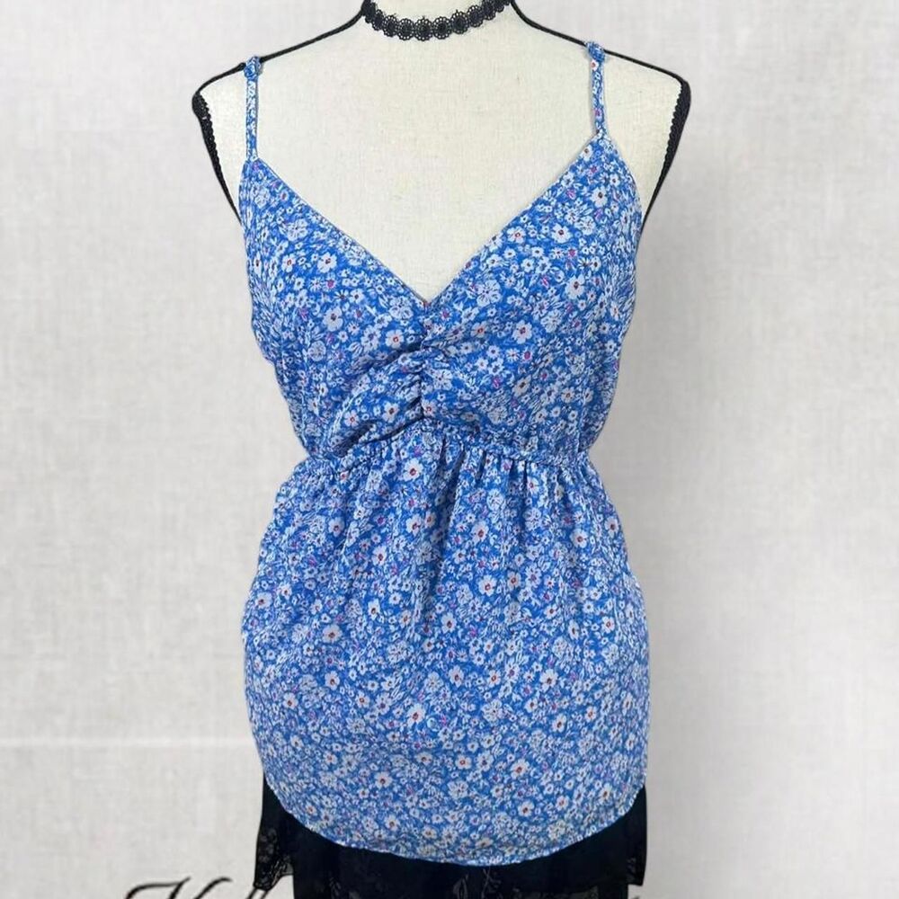 Blue Floral Babydoll Top with Adjustable Straps and Tie Back